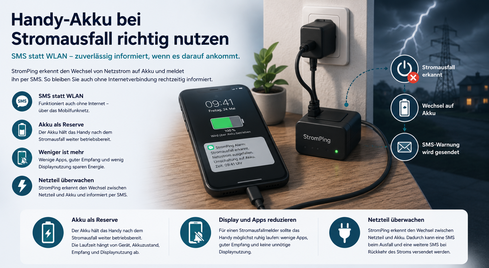 Handy Akku bei Stromausfall mit StromPing und SMS Warnung