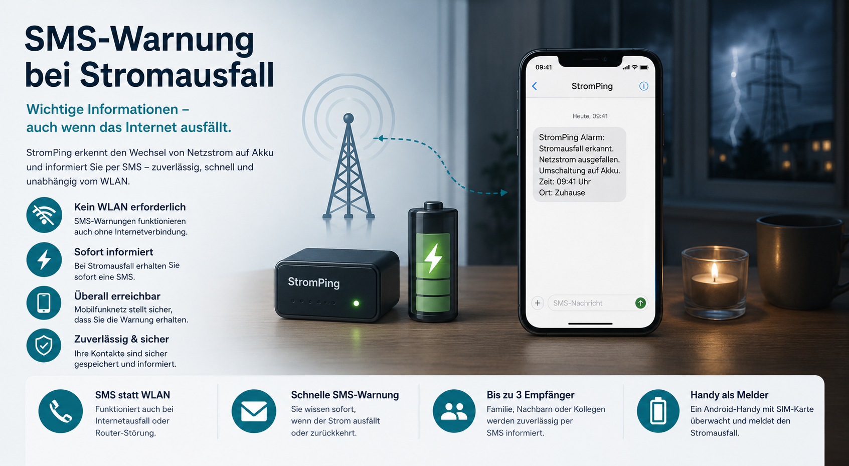 SMS-Warnung bei Stromausfall mit StromPing auf einem Smartphone
